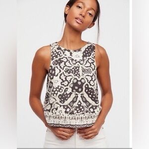 Free People Bare It All Tank Cross Back Sz XS Women Bow Brown Cream Linen Cotton